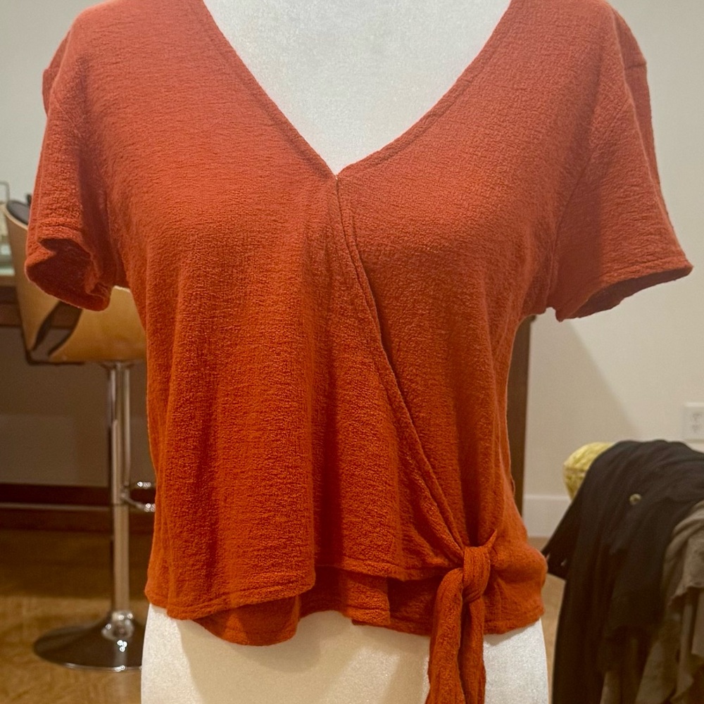 Orange Short Sleeve Crop Wrap Blouse